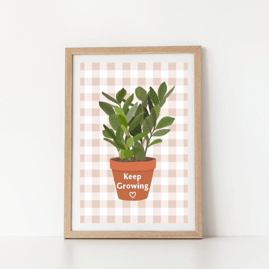 “Keep Growing” Wall Art Print – Gingham & Self-Love Design