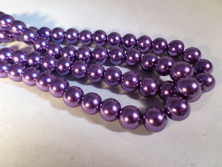 30 x Glass Pearl Beads - Round - 10mm - Purple 