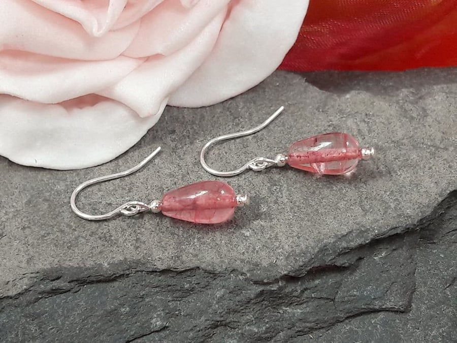 Baby Pink Crackle Quartz Sterling Silver Dangle Earrings