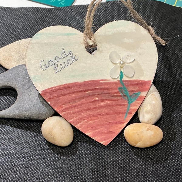 Wooden heart with 'good luck' sentiment and a  sea glass flower