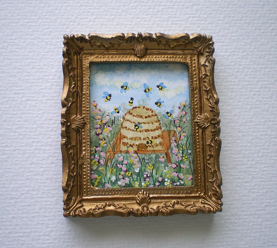 Miniature Watercolour Framed, Beehive and Bees ,Dolls House, Gold OrnateFrame