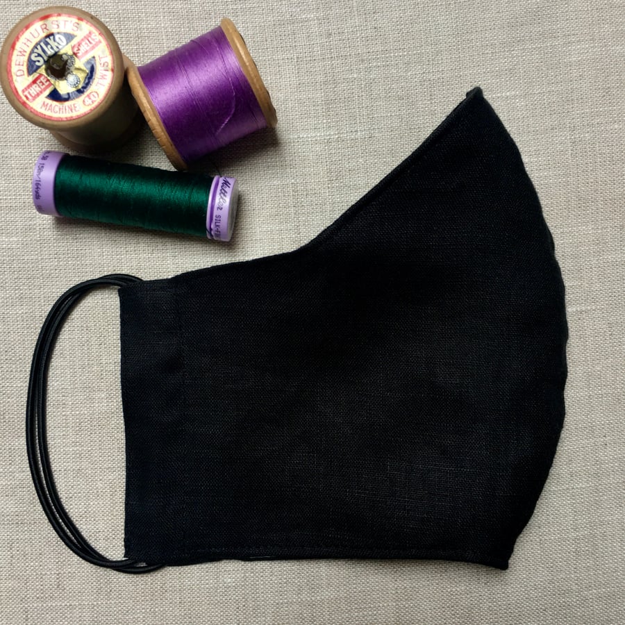 Black Linen Fabric Face Mask with Nose Wire & Pocket Adult Child Reusable