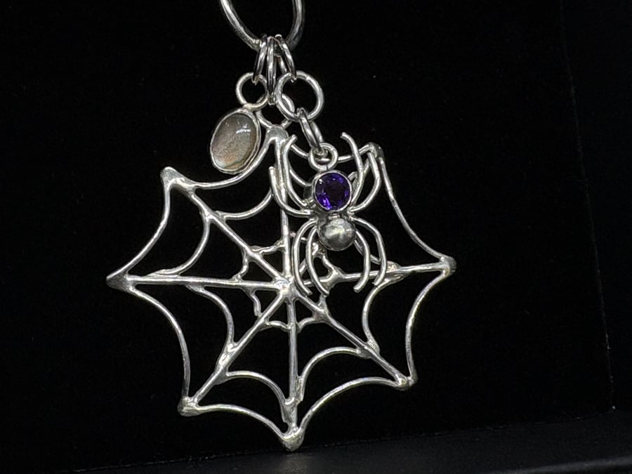 Sterling Silver Spider Web Pendant with Amethyst & Labradorite, Spooky Jewellery