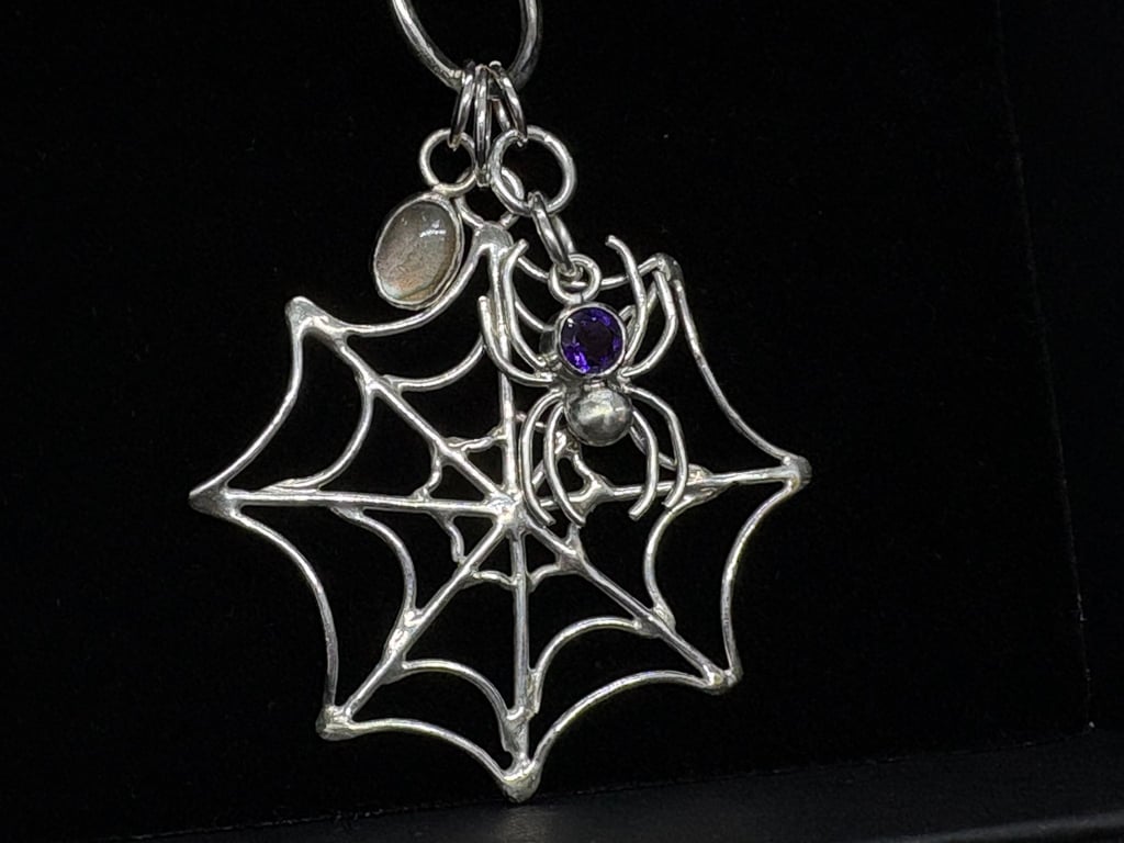 Sterling Silver Spider Web Pendant with Amethyst & Labradorite, Spooky Jewellery