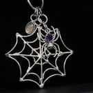Sterling Silver Spider Web Pendant with Amethyst & Labradorite, Spooky Jewellery