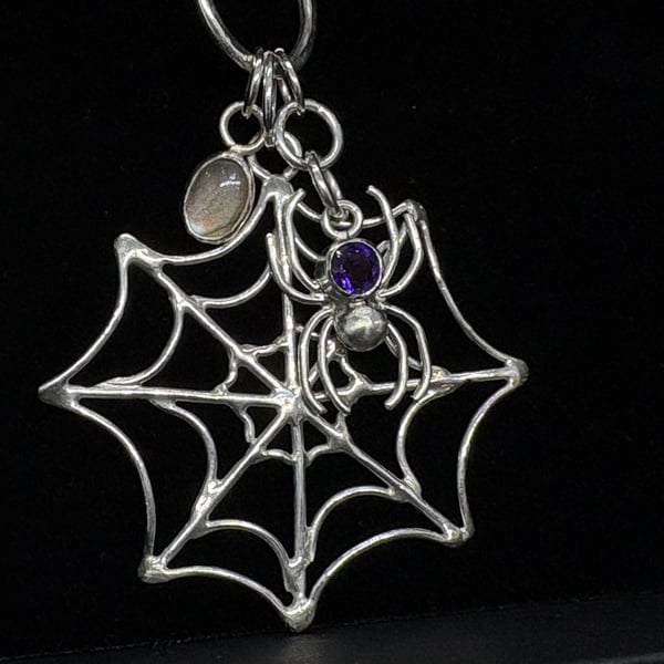 Sterling Silver Spider Web Pendant with Amethyst & Labradorite, Spooky Jewellery
