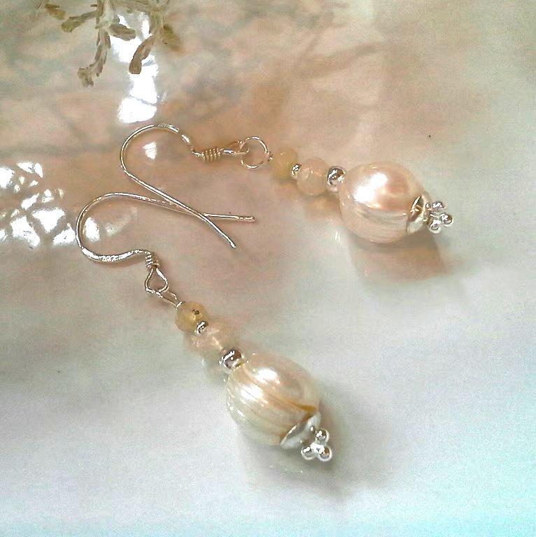 10mm Ivory White Freshwater Pearl & Ethopian Opal Sterling Silver Earrings