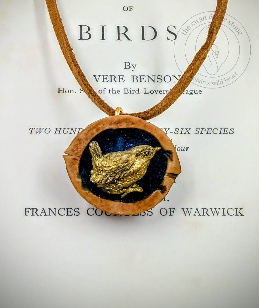 Handmade Wren Wildlife Pendant - Cast in Gold Resin, Polished Walnut Shell