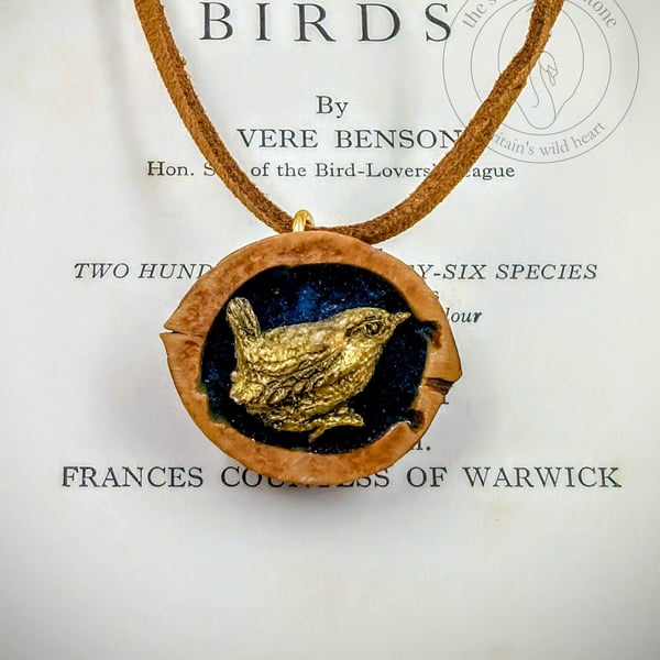 Handmade Wren Wildlife Pendant - Cast in Gold Resin, Polished Walnut Shell