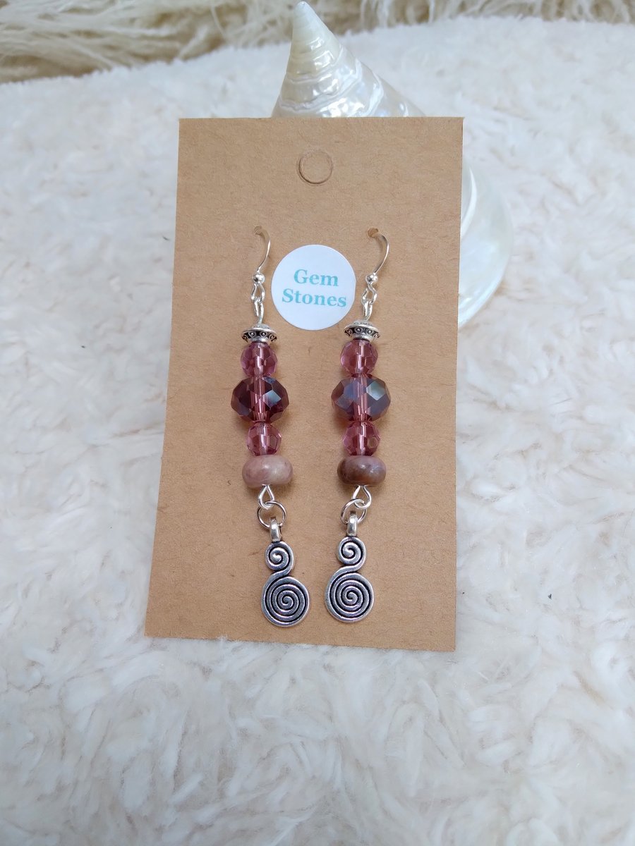 RHODONITE & Faceted glass beaded silver SPIRAL Charm EARRINGS