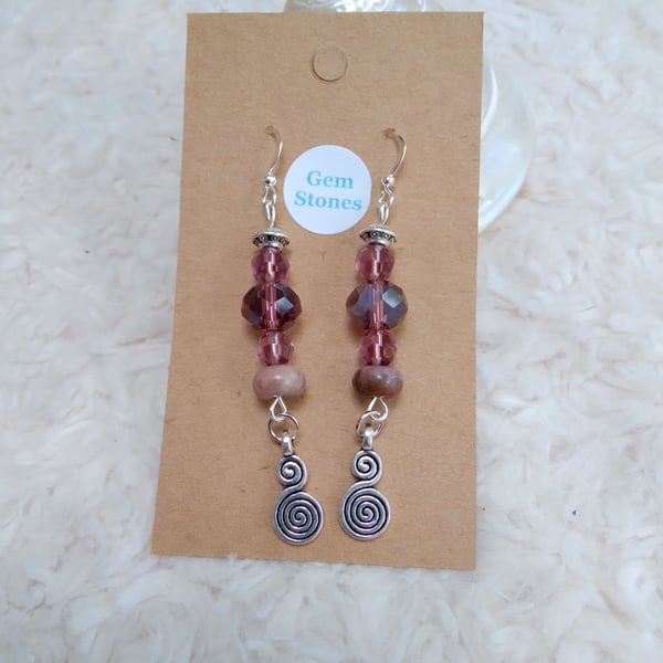 RHODONITE & Faceted glass beaded silver SPIRAL Charm EARRINGS