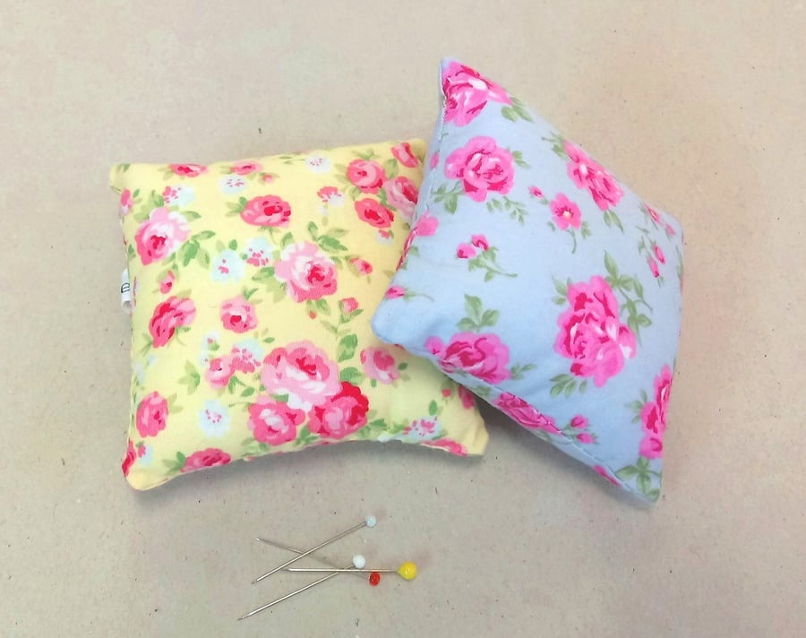 Pin cushions x 2 gift set, one in blue floral, one in yellow floral