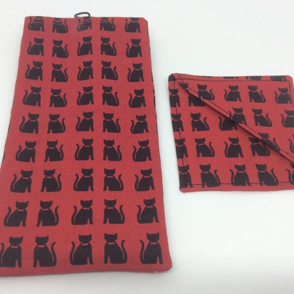 Beautiful bundle, Glasses case and book mark, black cats on red fabric