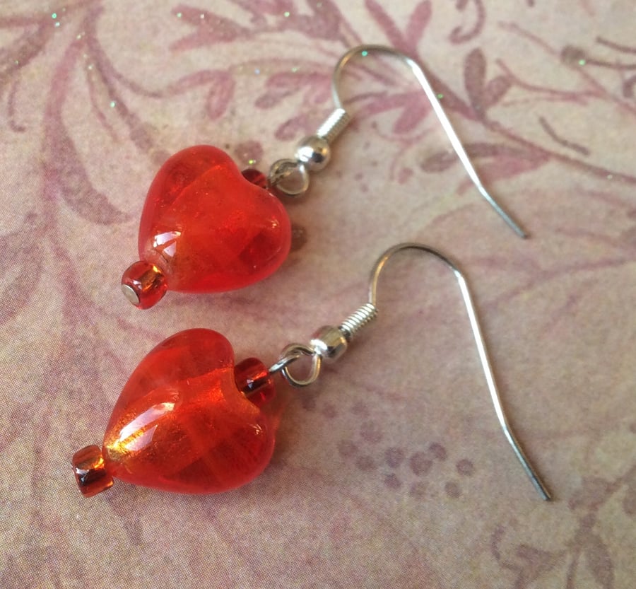 Orange Red Glass Heart Drop Earrings