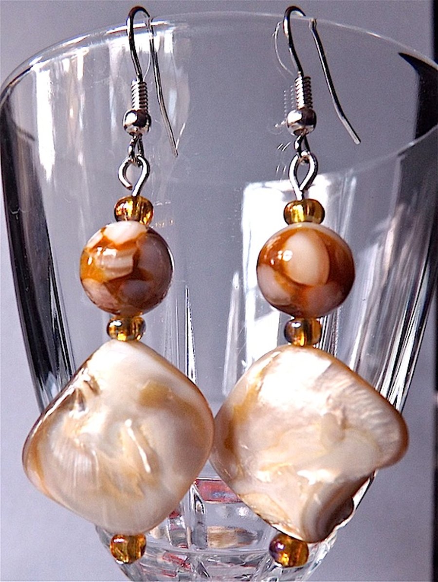 Mother of pearl earrings for pierced ears, dyed shell freeform, hippy boho.
