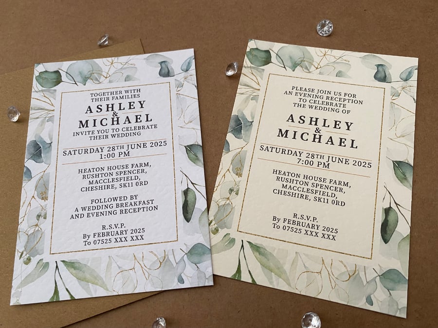 10 Eucalyptus greenery gold leaves frame WEDDING INVITE cards A6 A5 invitations