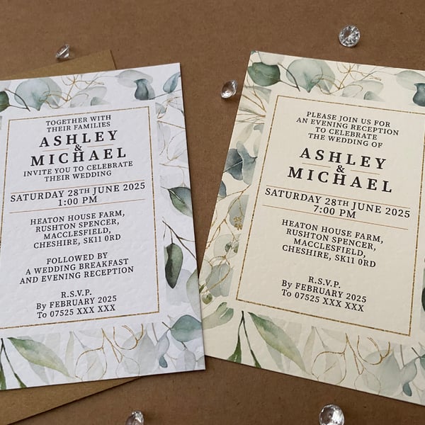 10 Eucalyptus greenery gold leaves frame WEDDING INVITE cards A6 A5 invitations