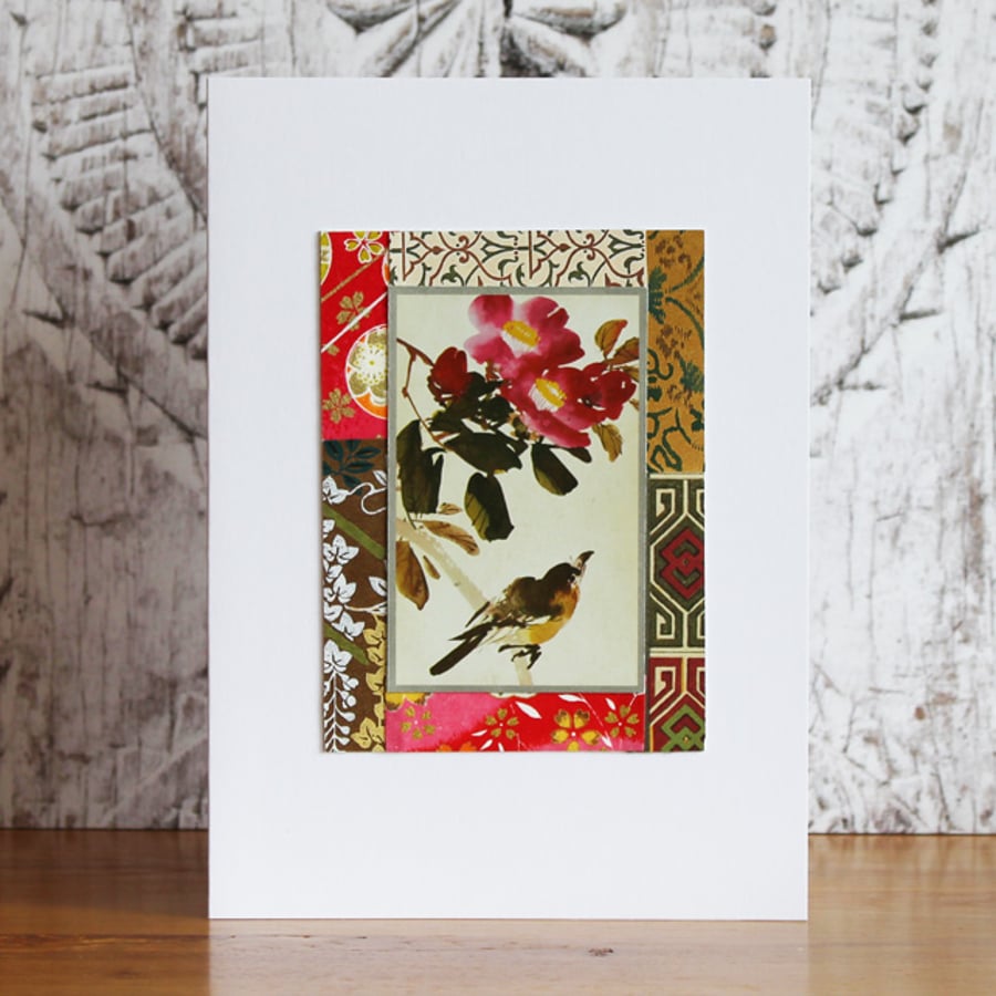 Handmade card. Collage - Finch and blossom