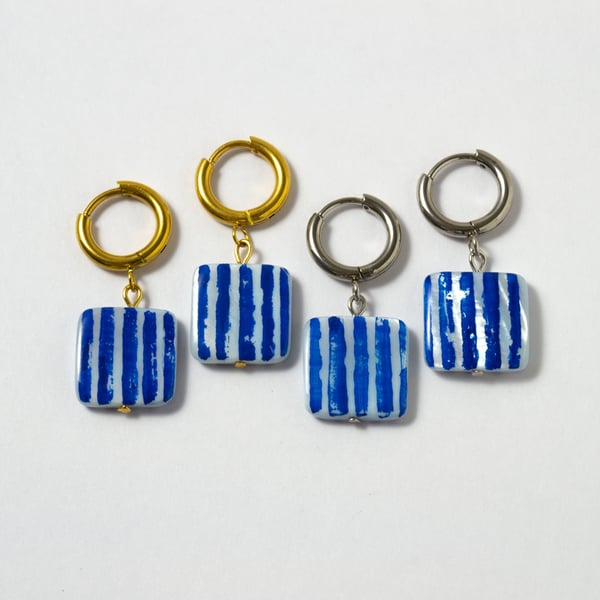 Stripes Earrings Huggie Charm Square Stripy Earrings Blue Huggie Earrings Silver