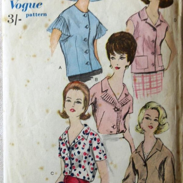A vintage Vogue sewing pattern for women's blouses in 5 styles and size 12 