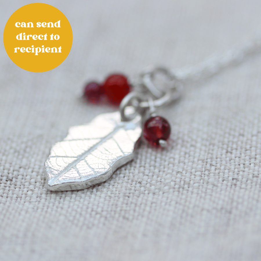 Silver Holly Leaf Pendant with carnelian and garnet beads