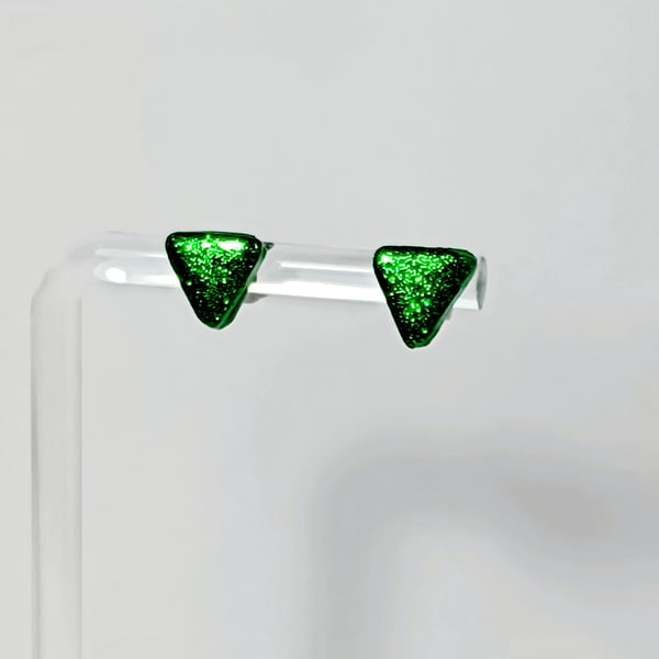 Emerald green sparkle triangle stud earrings      