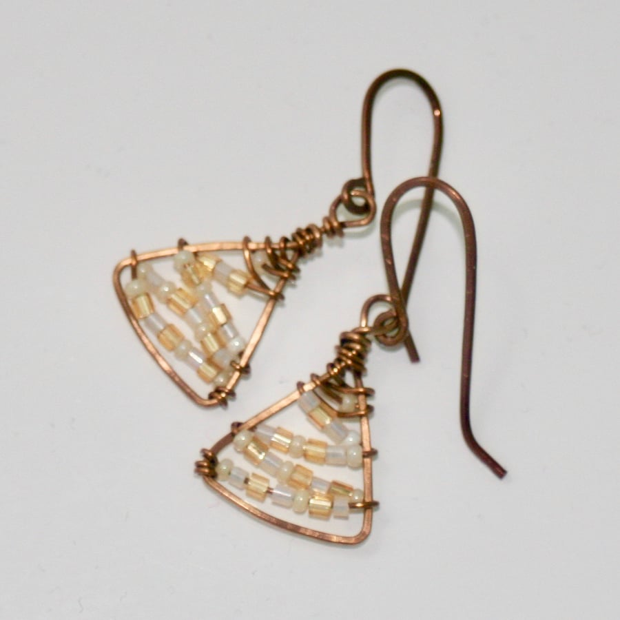 Wire-wrapped Christmas tree earrings, gold and white