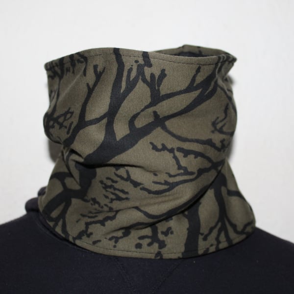 Green Neck warmer scarf Handmade fleece lined,black hand print tree,Eco scarf