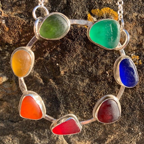 7 Stone multi-colored sea glass pendant necklace