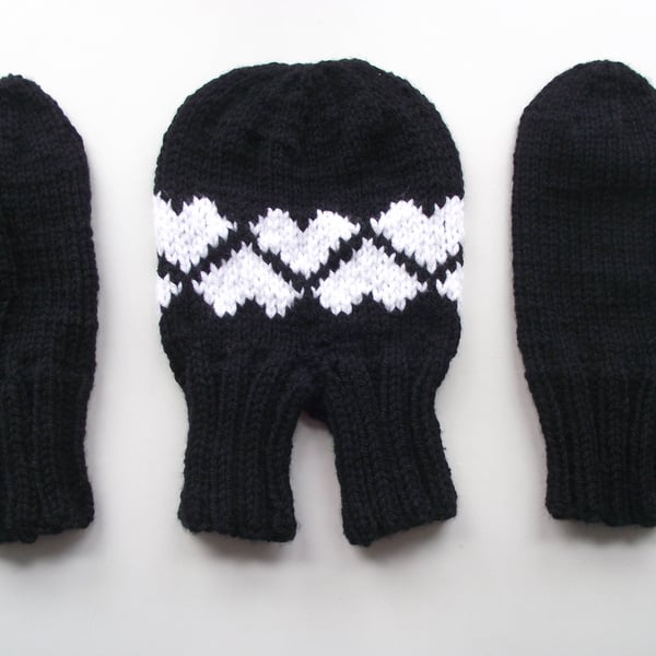 Couples Gloves, Love-gloves, Double Mitten Set, Black with White Hearts