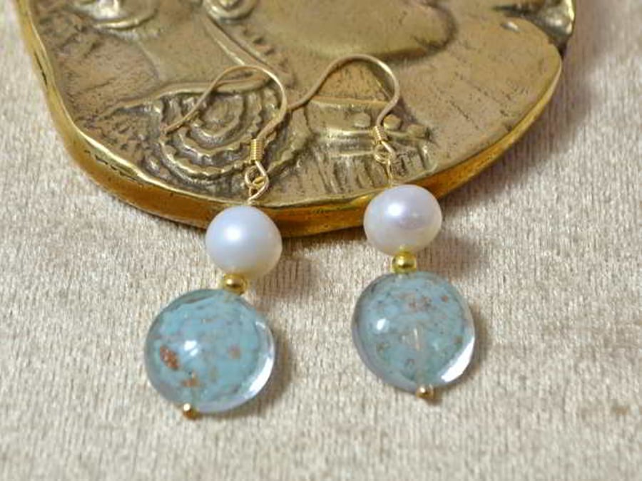 Ivory Pearl & Turquoise Murano Glass Earrings