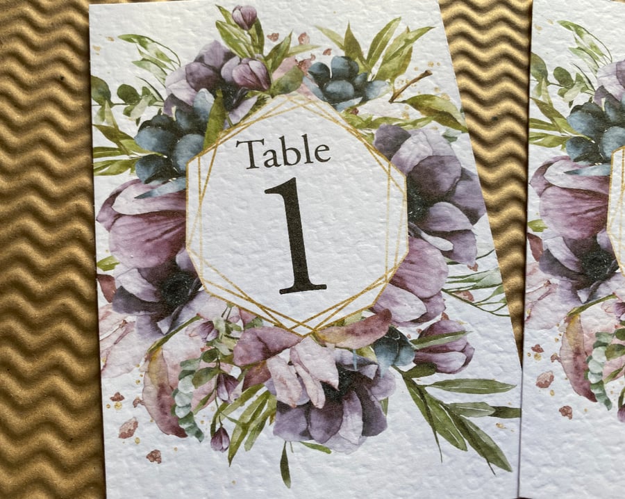 Mauve dusty purple navy blue flowers wreath TABLE NUMBERS foliage rustic A6 card