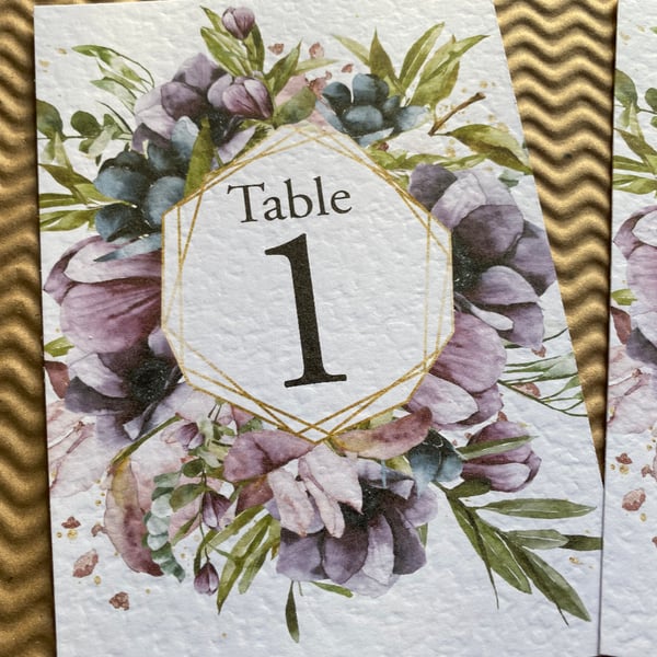 Mauve dusty purple navy blue flowers wreath TABLE NUMBERS foliage rustic A6 card