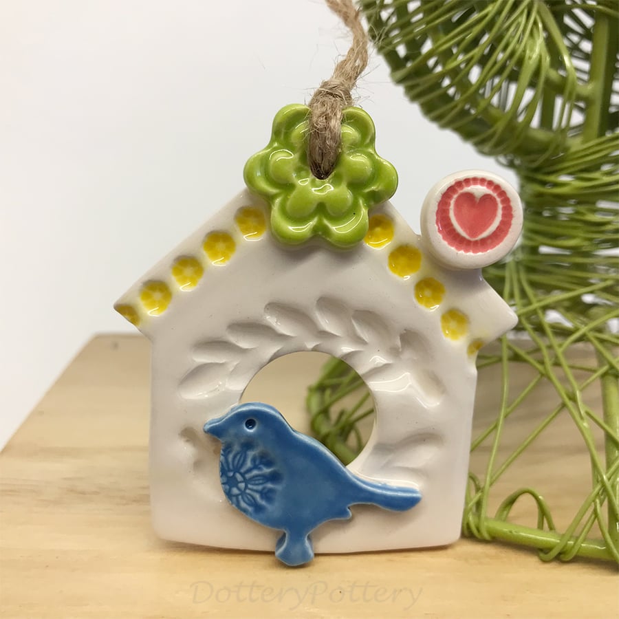 Small Ceramic bird house decoration Pottery bird house flower and heart