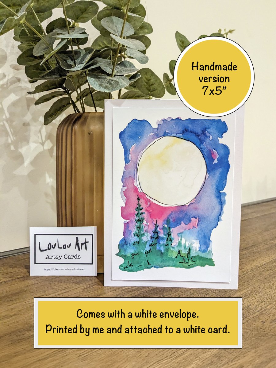 Full moon watercolour print landscape blank card 7x5"