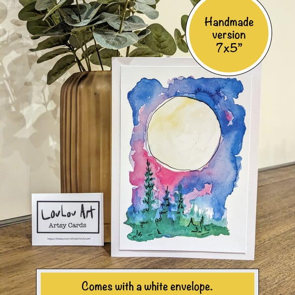 Full moon watercolour print landscape blank card 7x5"