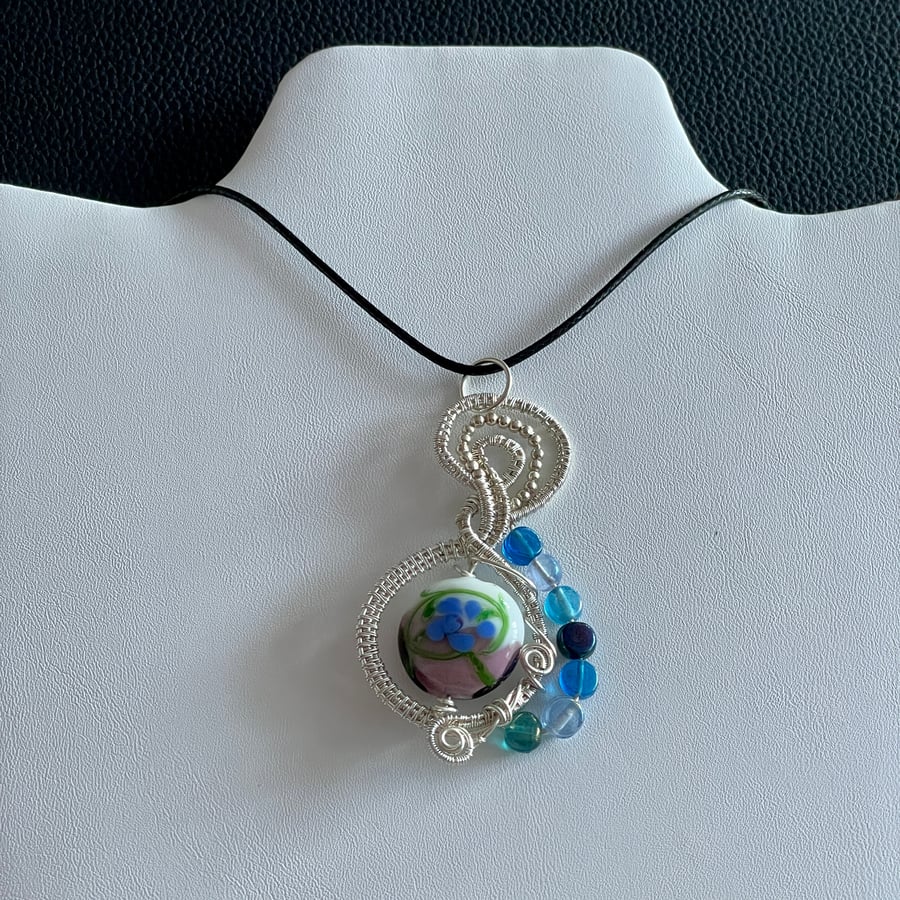 Lamp Work Blue Flower Wire Wrapped Pendant