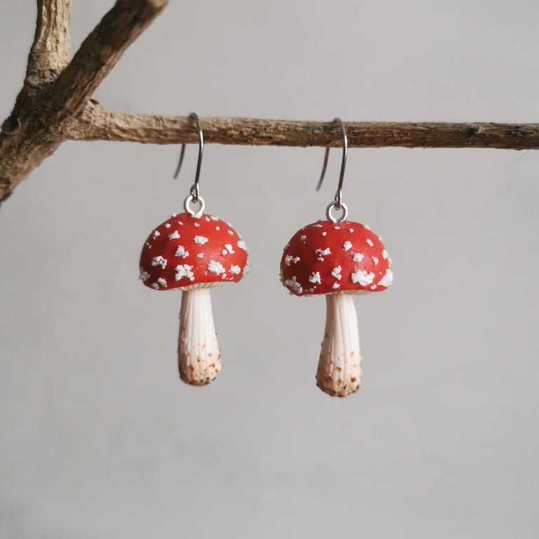 Half-Round Fly Agaric Red Mushroom Earrings II