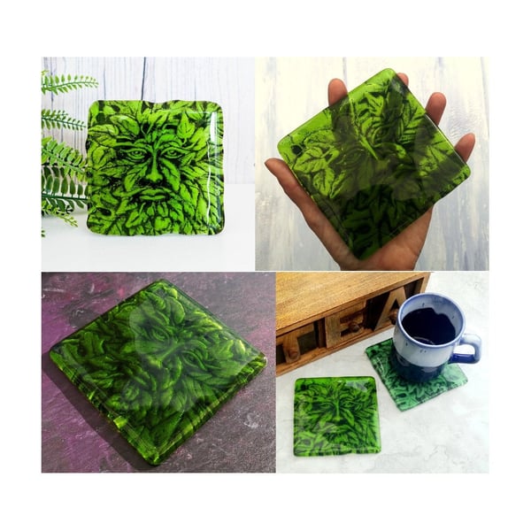 Handmade Fused Glass Greenman Hot Drinks Coaster - Leaf Man Glass Tile