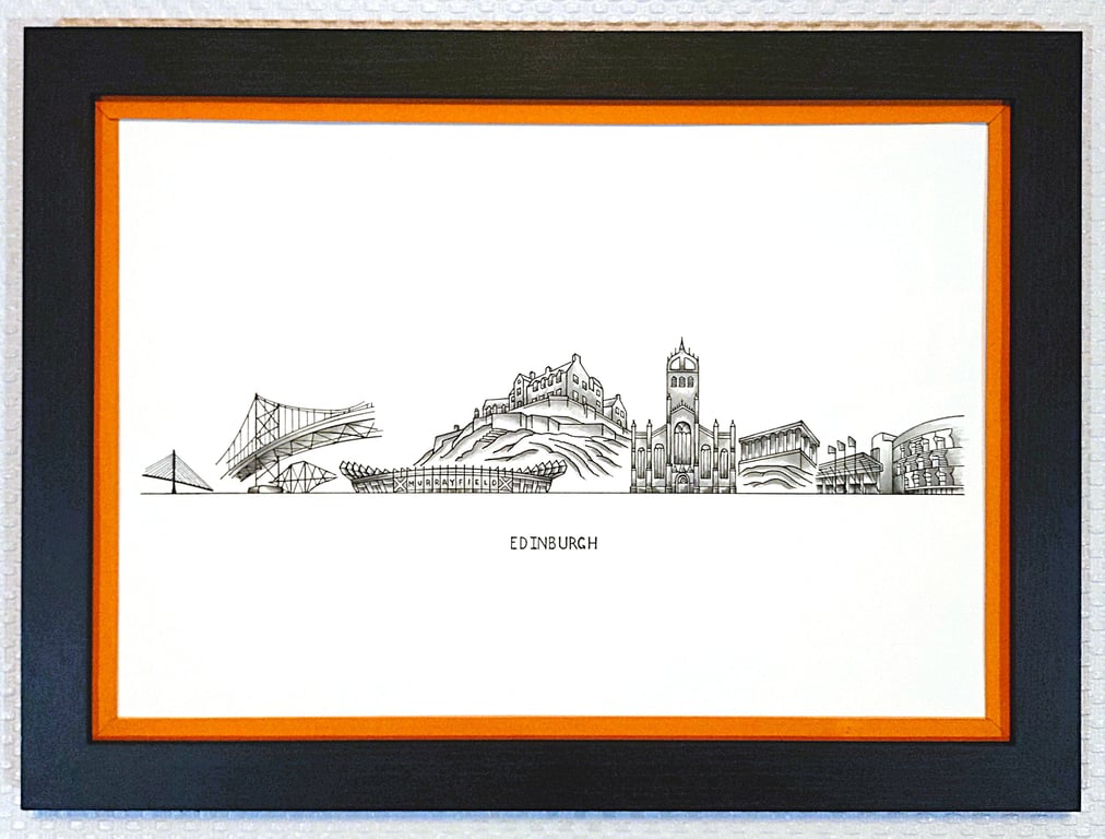Edinburgh Cityscape Handmade Unique Framed A3 Print Orange Border Wallart Gift
