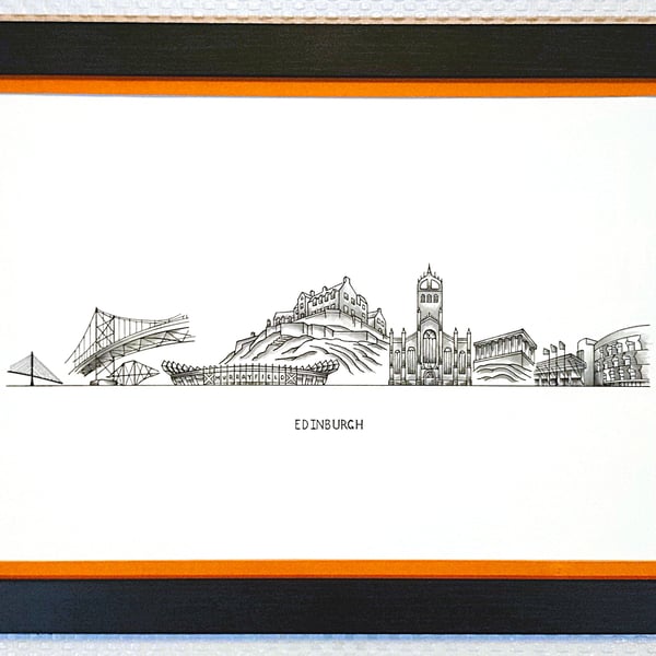 Edinburgh Cityscape Handmade Unique Framed A3 Print Orange Border Wallart Gift