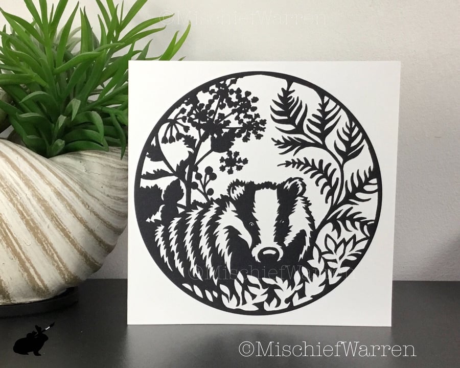 Badger Card. Blank monochrome card for any occasion. British Wildlife.