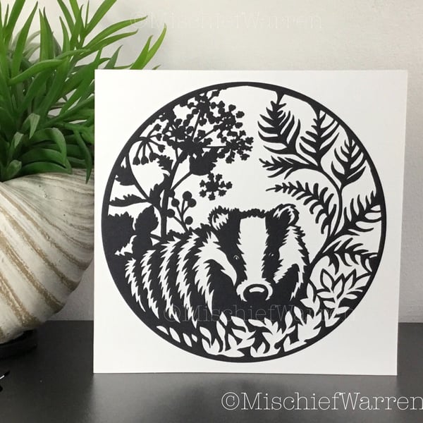 Badger Card. Blank monochrome card for any occasion. British Wildlife.