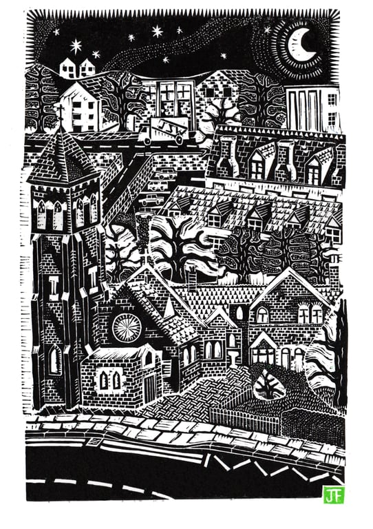 View Over St Francis Church, Bedworth, woodcut print by John Freeman 