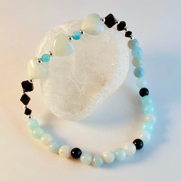 Amazonite Bracelet With Swarovski Crystals & Sterling Silver - Handmade In Devon