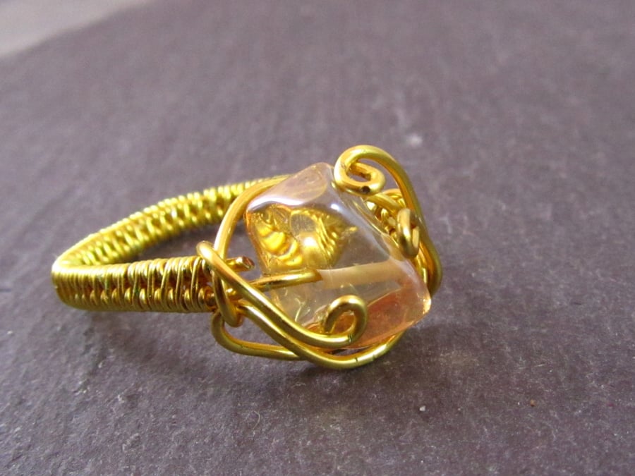 Yellow Quartz Ring, Wire Wrapped Gemstone Ring, Size P Ring