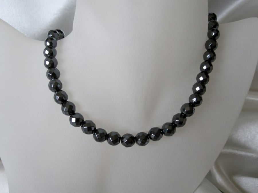 Handmade Faceted Hematite Unisex Beaded Sterling Silver Necklace