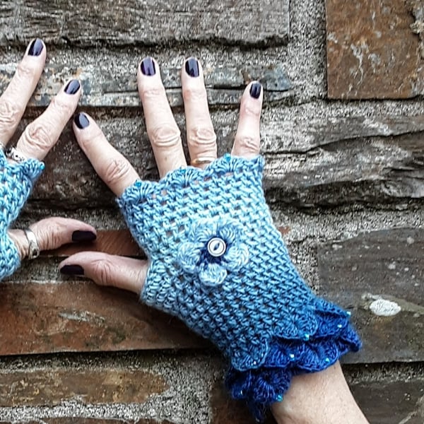 Wrist warmers. Fingerless gloves. Crochet gloves. Free UK first class postage.