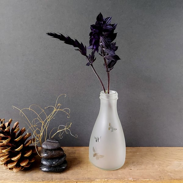Butterfly bud vase, etched recycled bottle vase