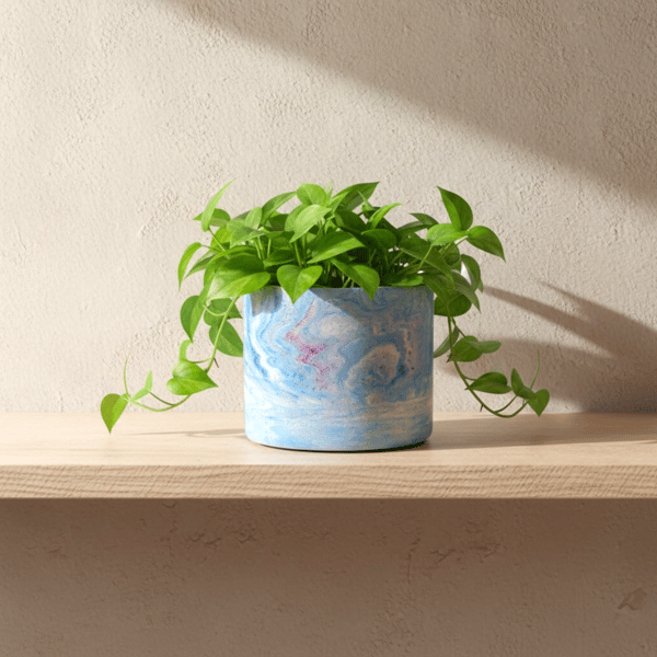 15 cm Round Blue Pink Purple and White Marbled Plant Pot Gift